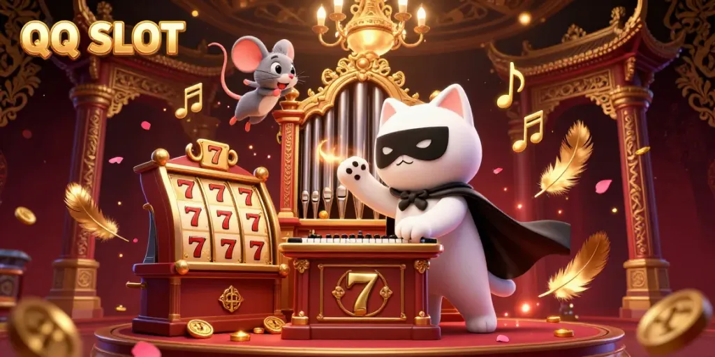 Experience the lively atmosphere of QQ SLOT with a 3D phantom cat playing at an ornate organ, enriched with dynamic slot elements.