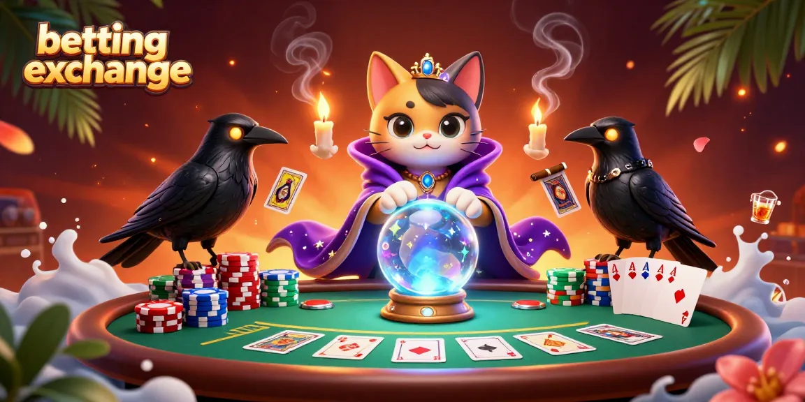 Engage in the betting exchange with a colorful 3D scene of a mystic fortune teller, poker chips, and vibrant game elements.