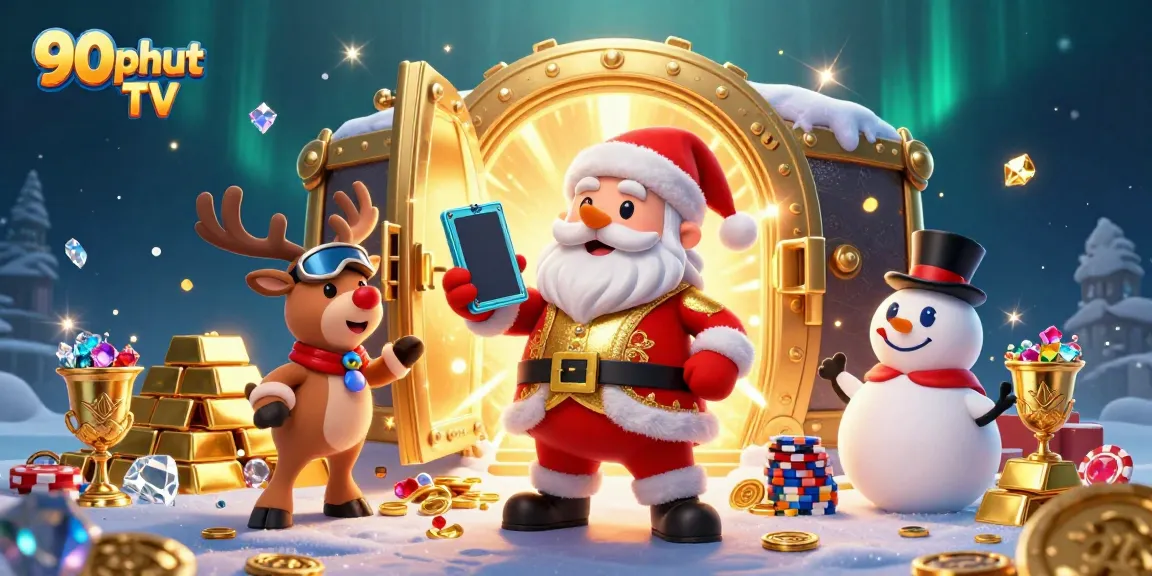 Experience the excitement of 90phut TV with a vibrant casino scene featuring Santa and friends in a jackpot setting.