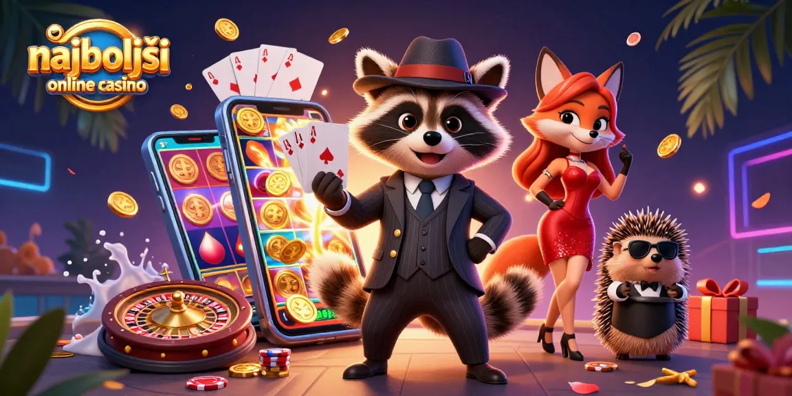 Najboljši online casino: Raccoon z royal flush, obdan z igralnimi elementi.
