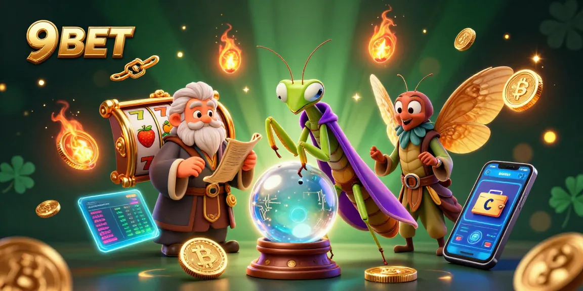 Engage with thrilling games at 9BET, featuring stunning visuals of vibrant slot elements and enchanting characters.