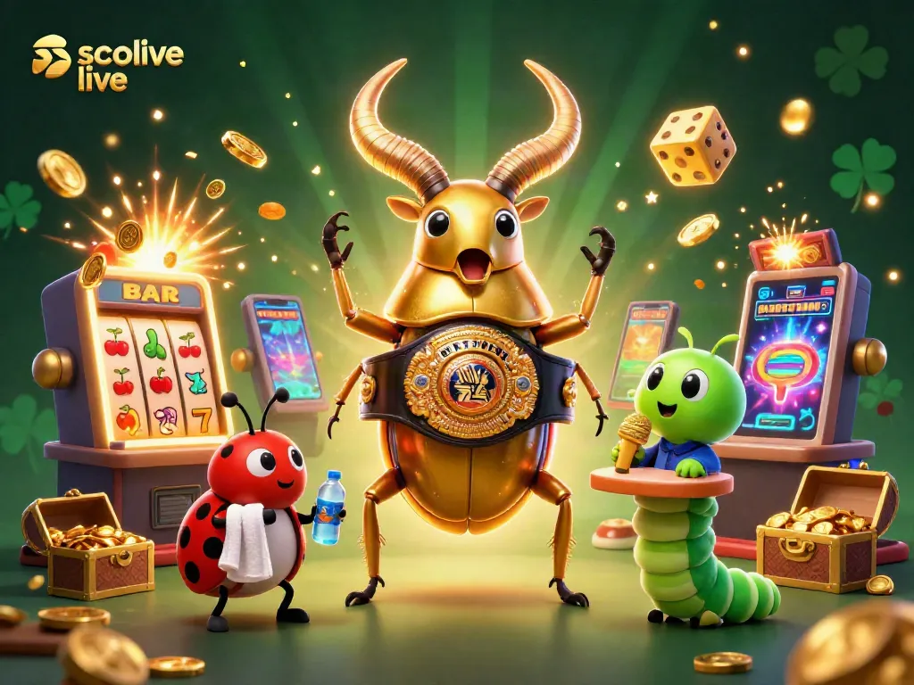 Socolive live showcases a thrilling 3D scene with a champion stag beetle and casino elements promoting exciting gameplay.