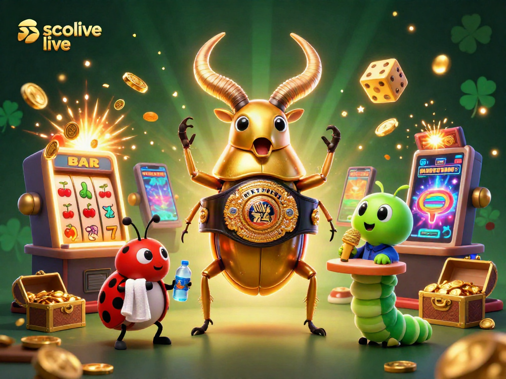 Socolive live showcases a thrilling 3D scene with a champion stag beetle and casino elements promoting exciting gameplay.