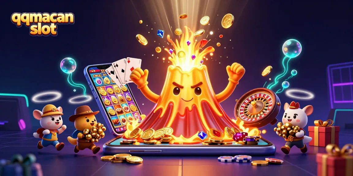Experience the thrill of the qqmacan slot with an eruption of coins and vibrant casino elements.