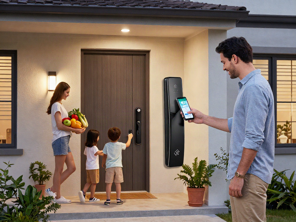 خرید قفل هوشمند for family security, showcasing modern smart lock on home door.