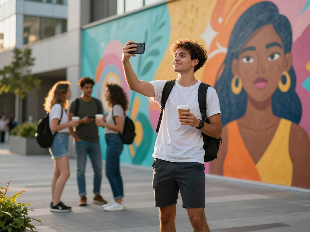 Young adult smiling while taking an attractiveness test selfie, vibrant urban background.