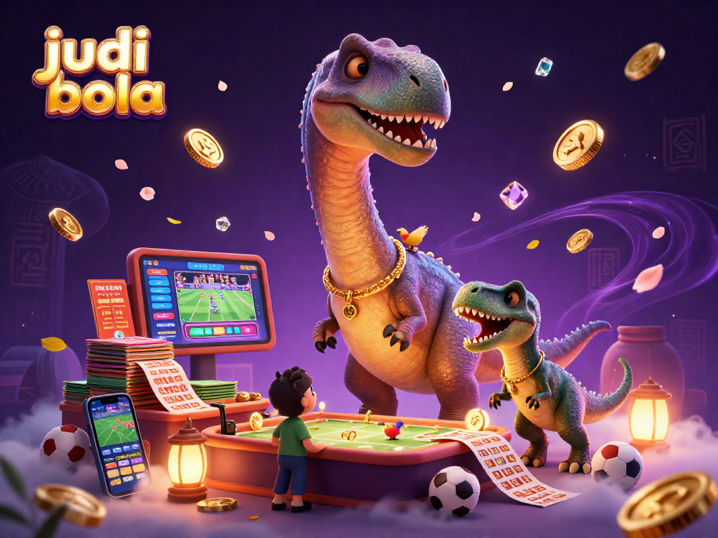 Engage in judi bola with a vibrant illustration featuring a giant brontosaurus overlooking sports betting elements.