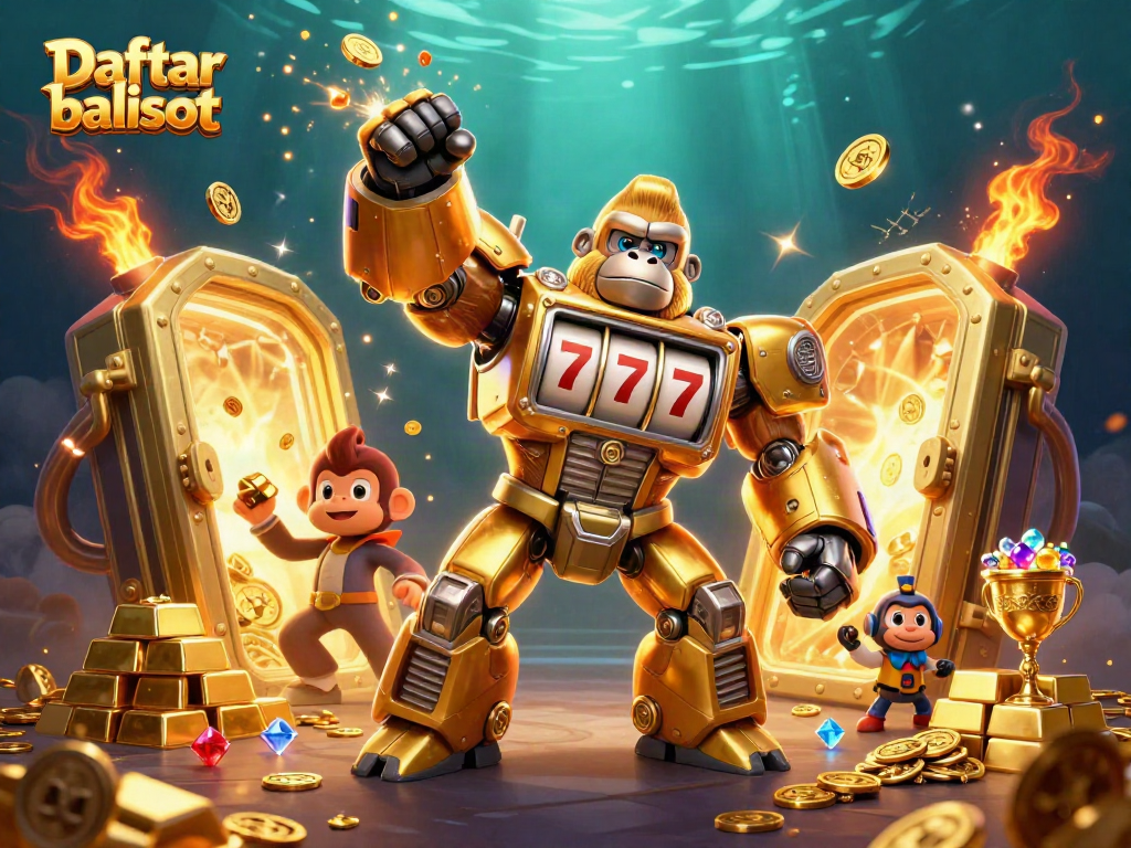 Engage in exciting gameplay with Daftar balisot as a golden gorilla mech rises amidst coins and treasures.