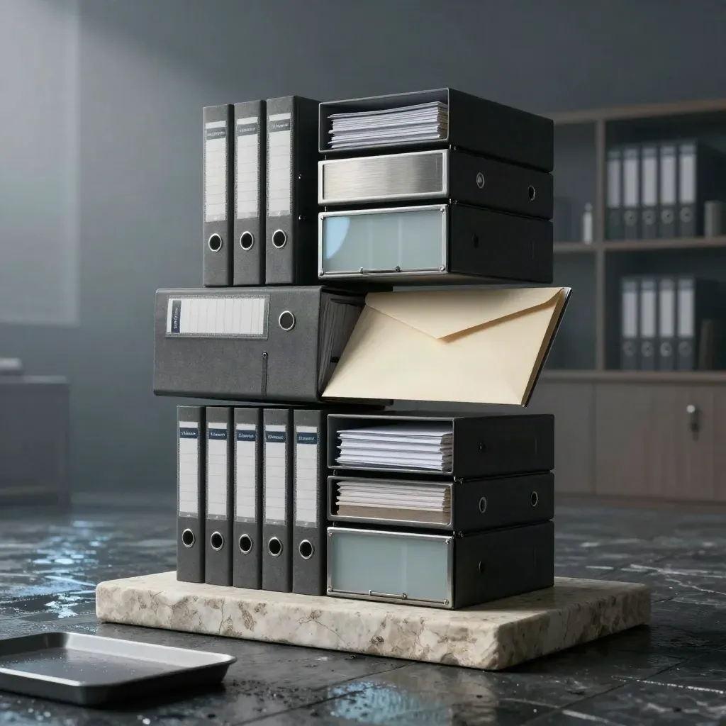 Charcoal policy binders and metal trays on stone in soft dawn light, premium insurtech still life.