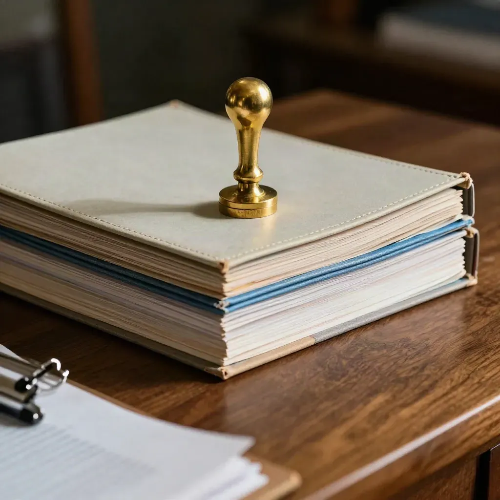 Brass seal on stacked policy binders with worn folders in a warm claim desk close-up.