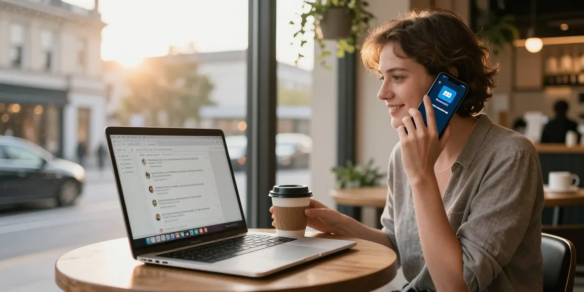 International calls app for iPhone used by a traveler in a café.
