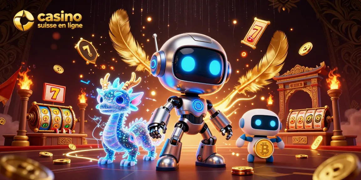 Plongez dans le monde du casino suisse en ligne avec une scène dynamique chargée de jeux et de personnages futuristes.