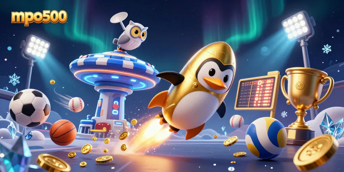 Betting on mpo500 with a golden penguin and cosmic themes, showcasing dynamic gambling excitement.