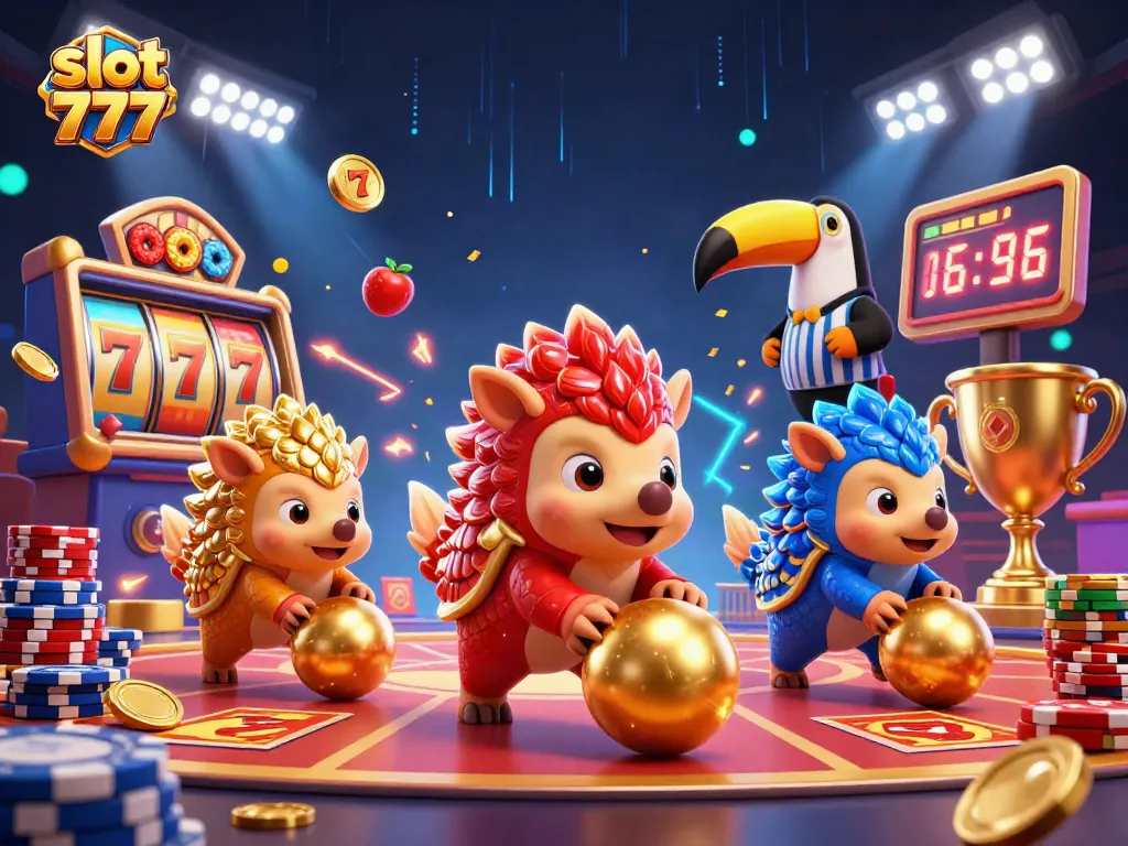 Mainkan slot 777 dalam suasana kasino dengan pangolin bertanding mengumpulkan koin emas.