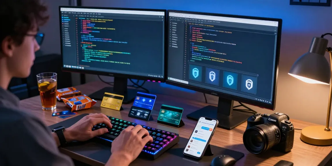 Person managing a dumps shop cvv operation with multiple screens in a high-tech environment.