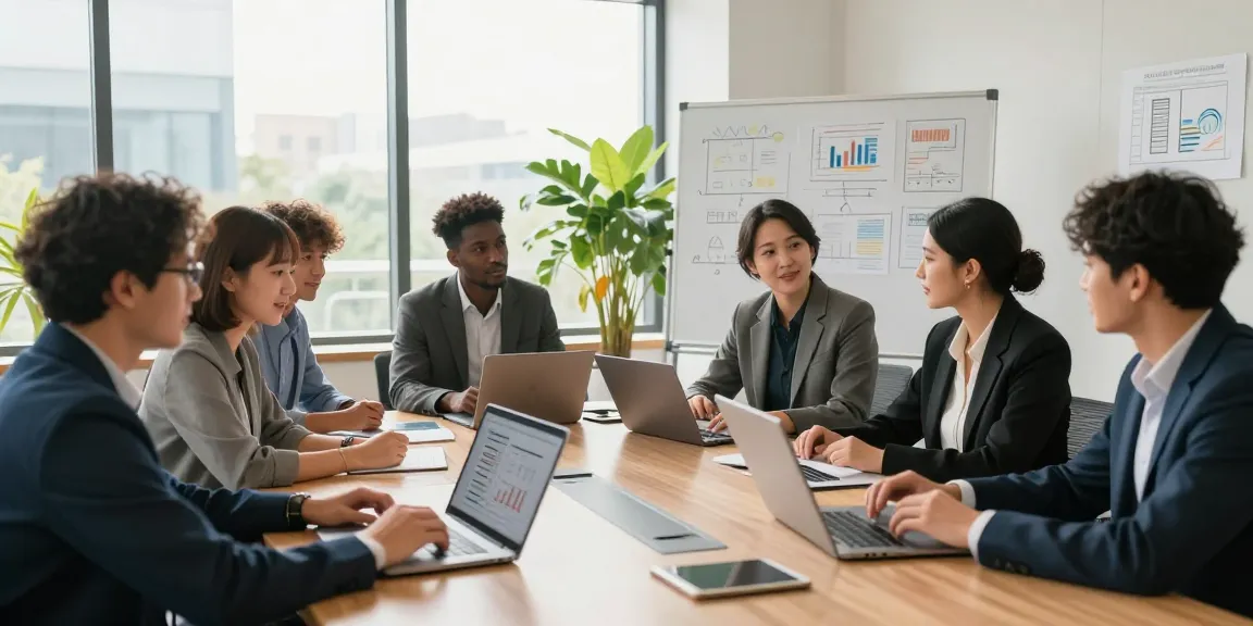 Team collaborating effectively at https://koperasisantun.com/ in a modern office setting during a brainstorming session.