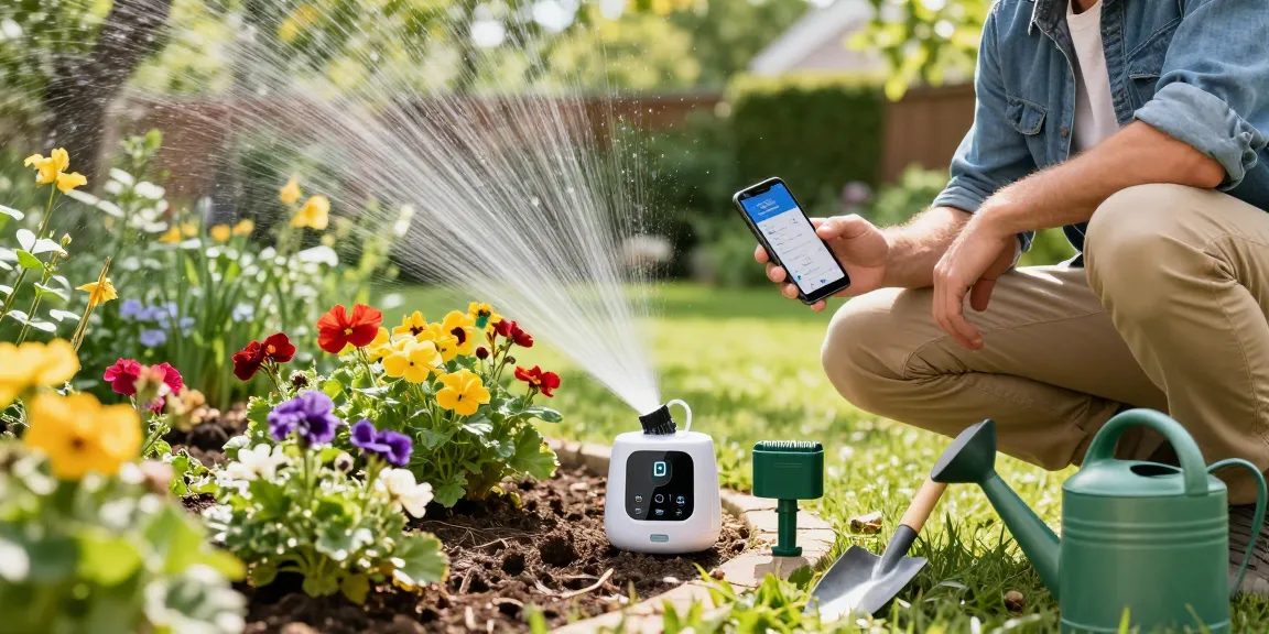Setting the rainpoint sprinkler timer while watering a flower garden, showcasing an automated gardening experience.