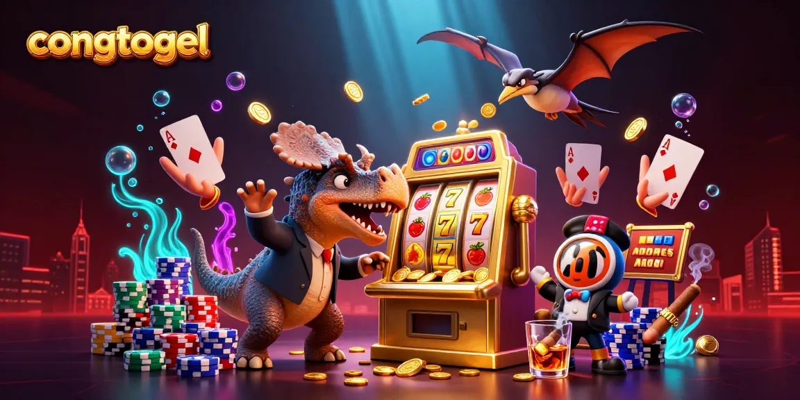 Congtogel's dynamic casino scene features cartoon dinosaurs celebrating slot wins amid vibrant gameplay elements.