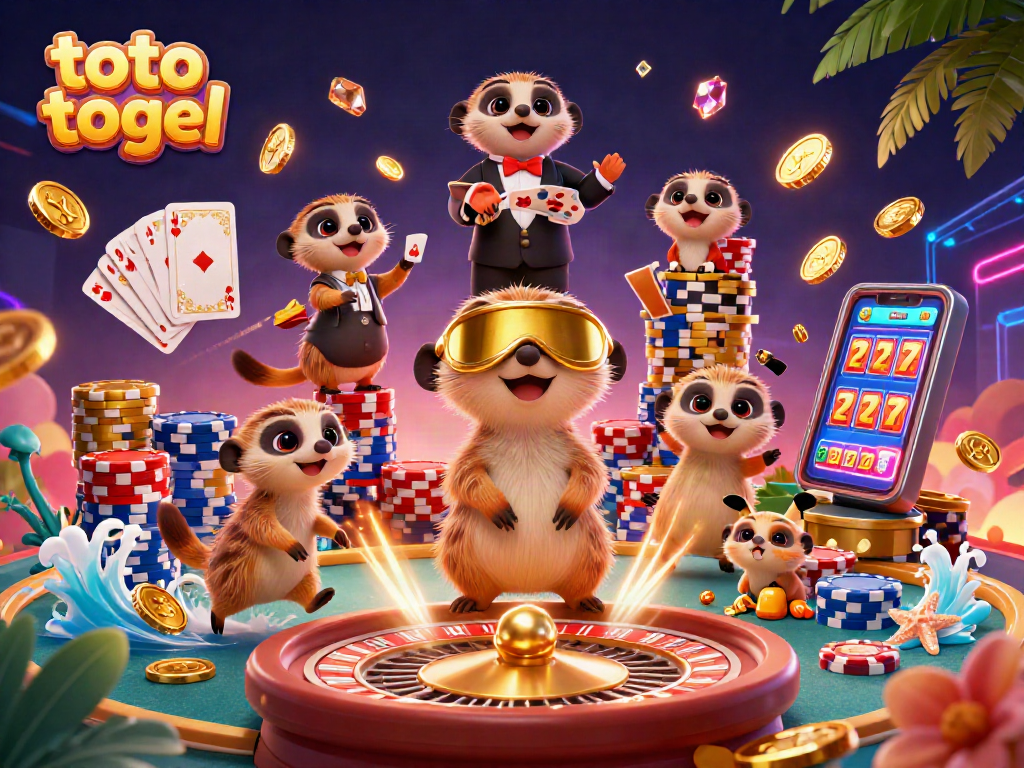 Win big with toto togel at a vibrant casino scene featuring playful meerkats and exciting game elements.