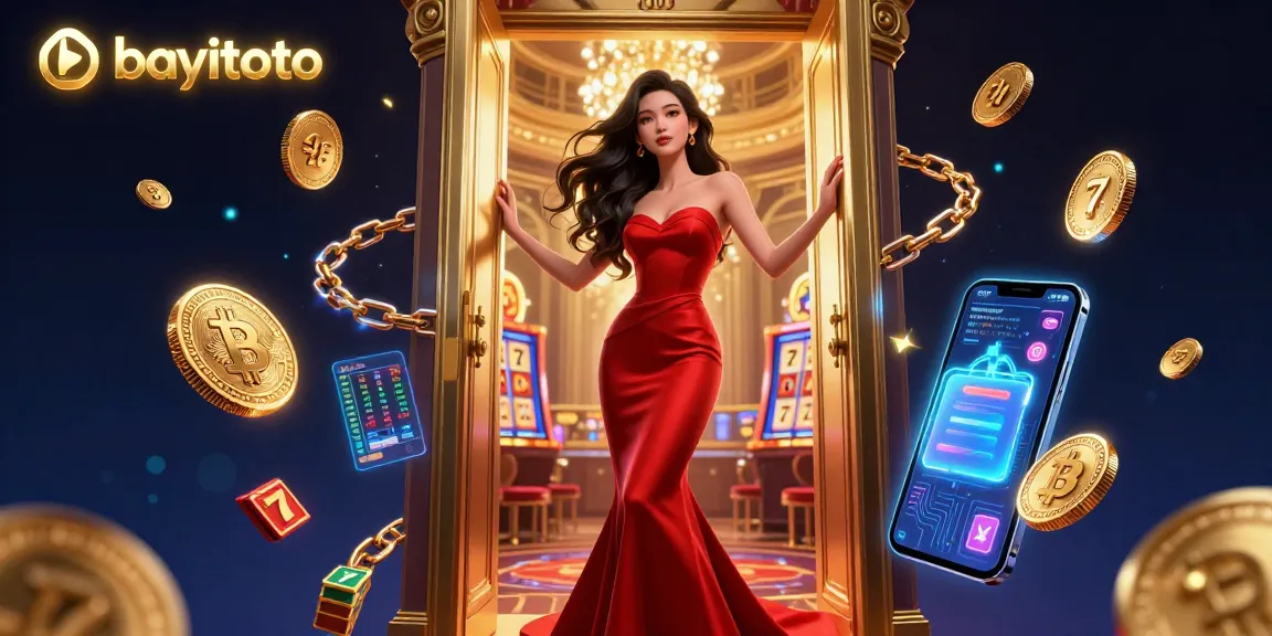Experience winning with bayitoto as vibrant slot reels surround a beautiful woman in a VIP casino doorway.