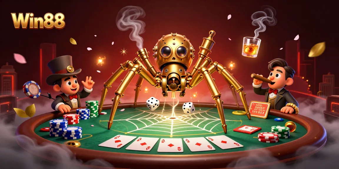 Win88 offers an engaging scene of a steampunk spider and a fly gentleman amidst a dynamic poker setting, showcasing thrilling gameplay.