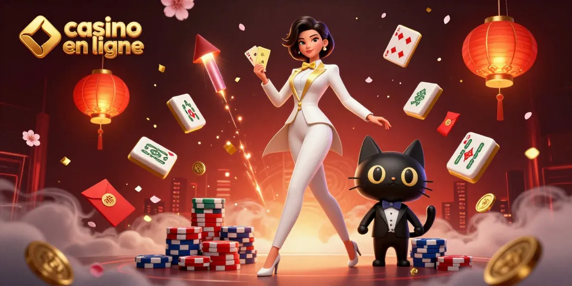 Participez à une action palpitante avec un casino en ligne mettant en vedette un croupier glamour et un chat joueur entouré d'éléments festifs.
