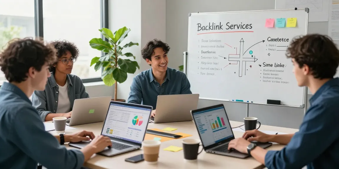 SEO backlink services team collaborating in a modern office with analytics displayed.