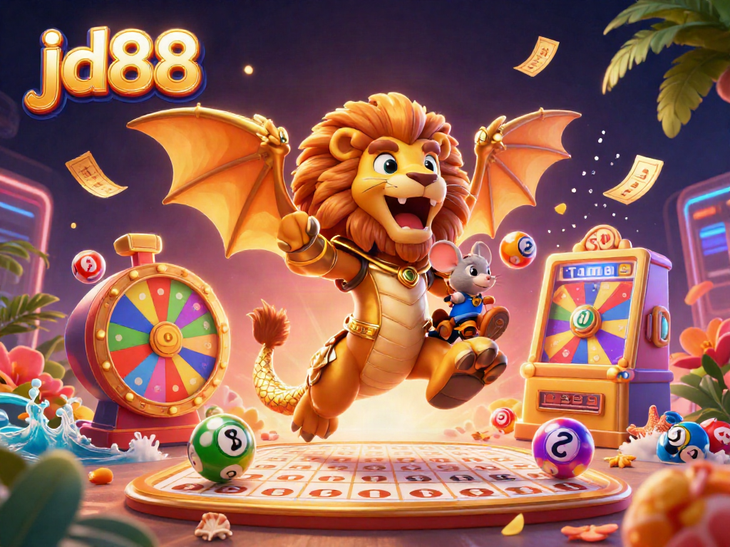 Experience the thrilling luck of the jd88 lottery with vibrant elements and a joyful chimera scene.