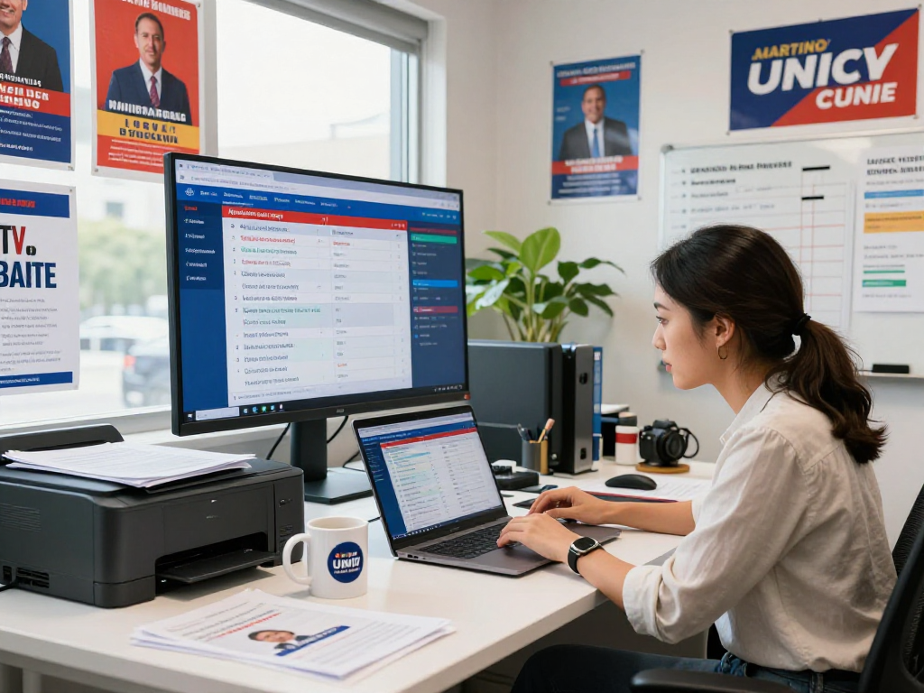 Engaged campaign manager utilizing CTV advertising for campaigns at modern workspace with voter data analysis.