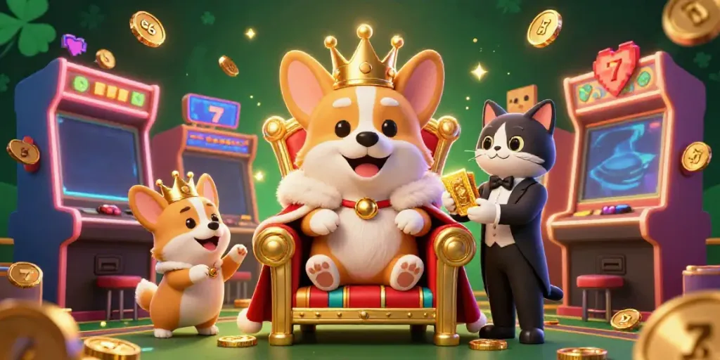 Engage with xổ số 66 and explore colorful slot machines in a vibrant casino scene with crowned corgi rulers.