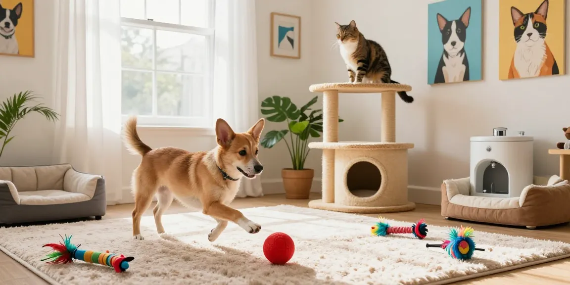 Happy pets playing in vibrant room with NAGA2000 toys and decor, showcasing pet lifestyle.