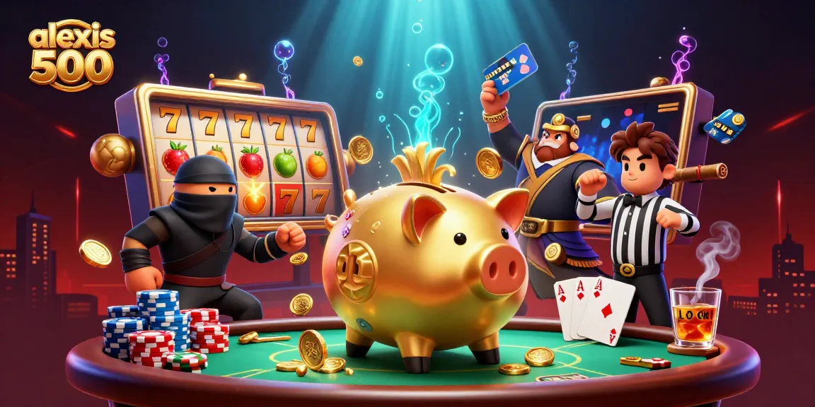 Engage with alexis 500 through a vibrant 3D cartoon illustration showcasing casino elements and characters in a dynamic gaming scene.
