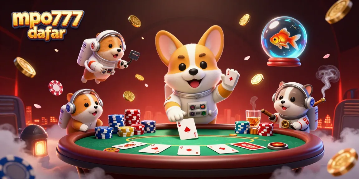Experience mpo777 daftar with a floating astronaut corgi amidst a vibrant casino chaos.