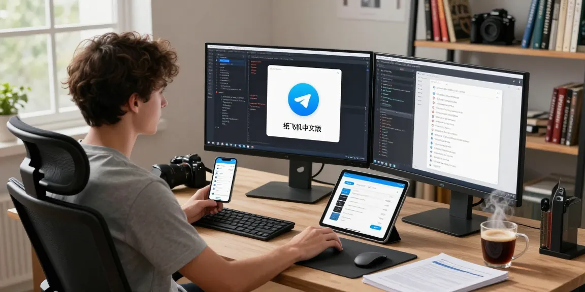 Developer optimizing the 纸飞机中文版 app in a tech workspace, showcasing coding interfaces and productivity elements.