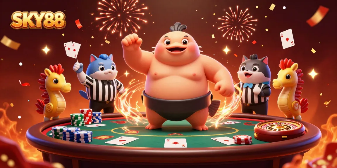 SKY88 captures the thrill of poker with a fugu character, colorful chips, and dynamic casino elements.