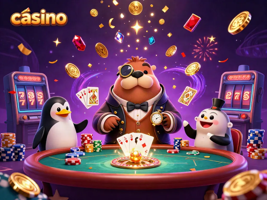 Experience a vibrant casino scene with a walrus, penguin, and pufferfish playing poker.