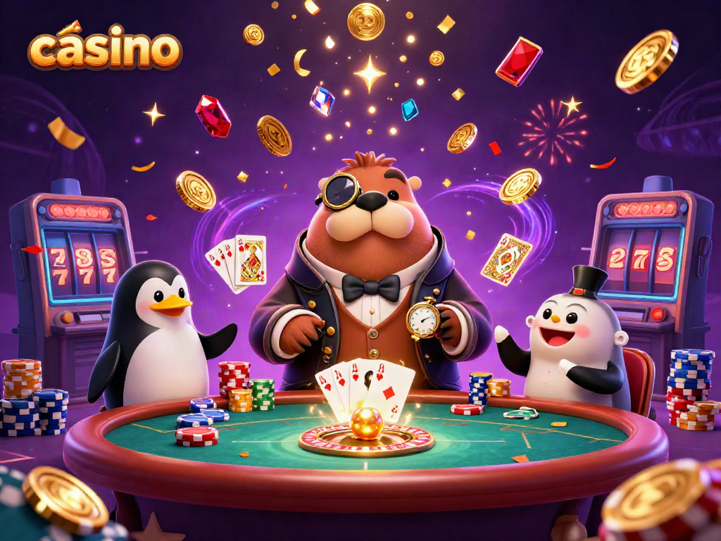 Experience a vibrant casino scene with a walrus, penguin, and pufferfish playing poker.