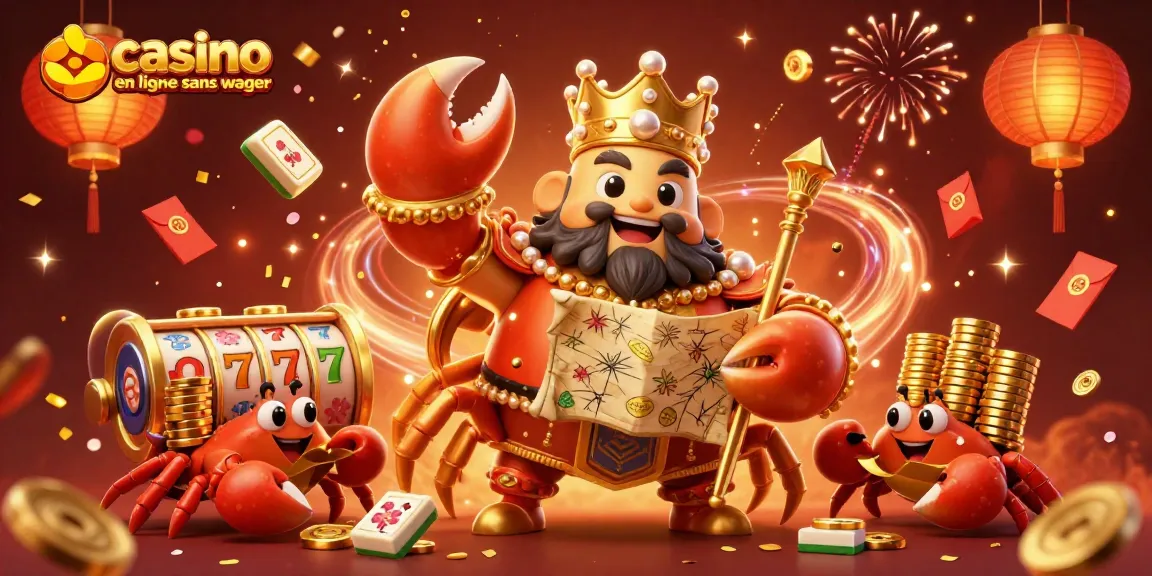 Jouer au casino en ligne sans wager avec un crabe empereur doré entouré de jetons et de lanternes