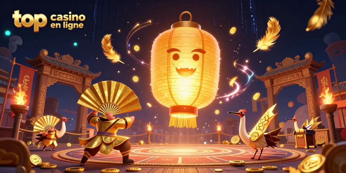 Profitez des jeux de hasard dans un meilleur casino en ligne animé par des lanternes dorées et des guerriers en éventail.
