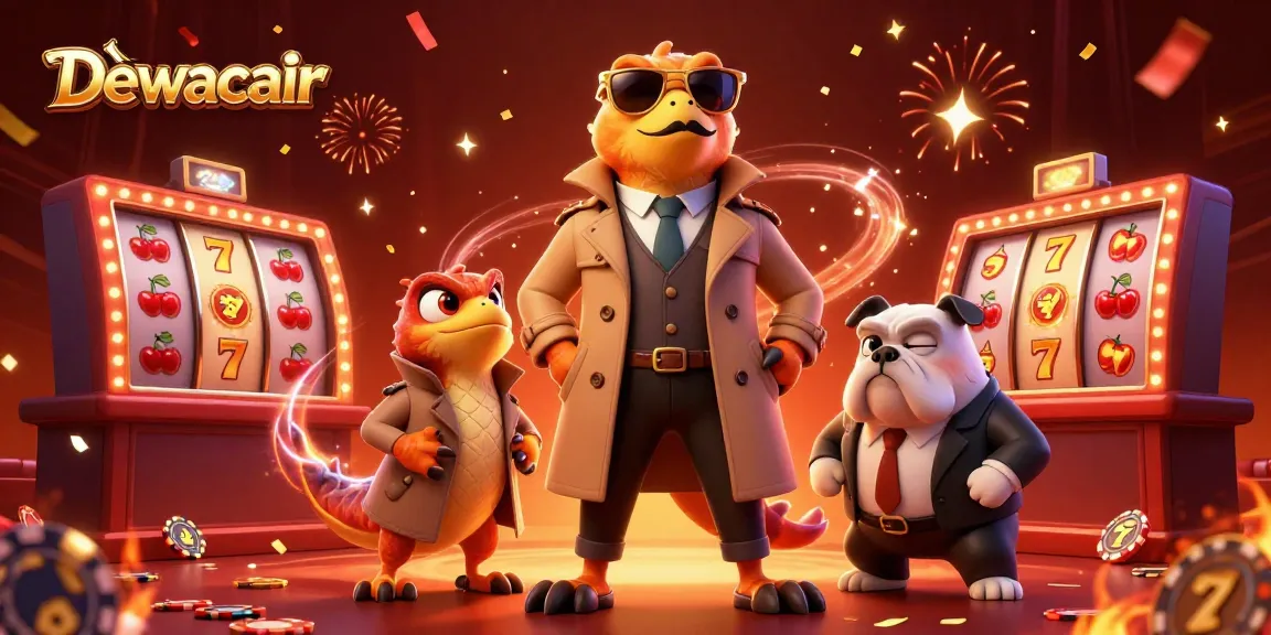 Dewacair raptors in a trench coat humorously attempting entry to a VIP casino with vibrant game elements.