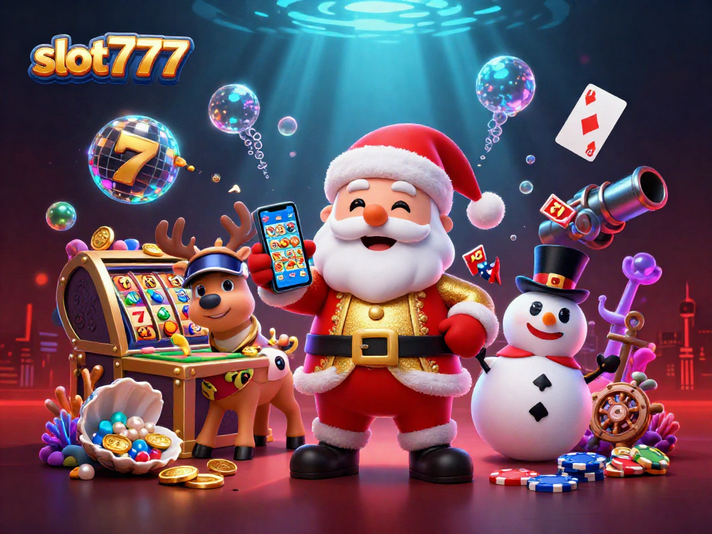 Spin and win with slot777 in a festive casino scene featuring Santa and his friends.
