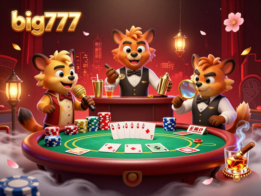 A lively big777 casino scene featuring hyenas in a comedy club with vibrant poker tables and colorful chips.