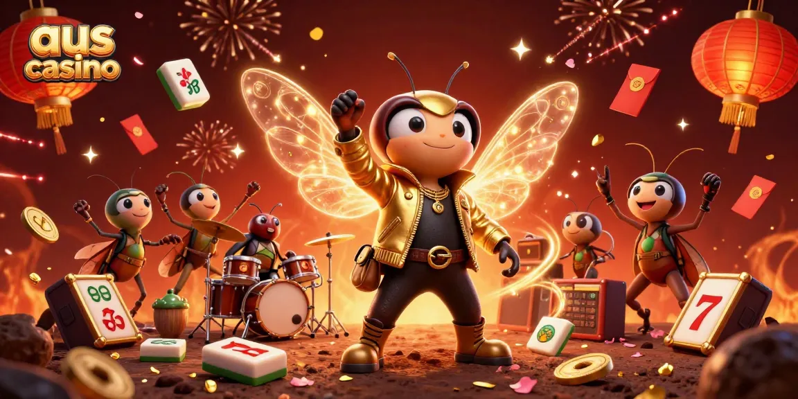 Engage with aus casino through vibrant slot reels and animated characters in a festive scene.