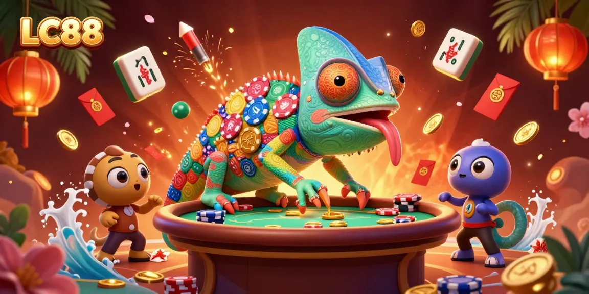 LC88 casino owner chameleon delights players with golden coin wins in vibrant scene.