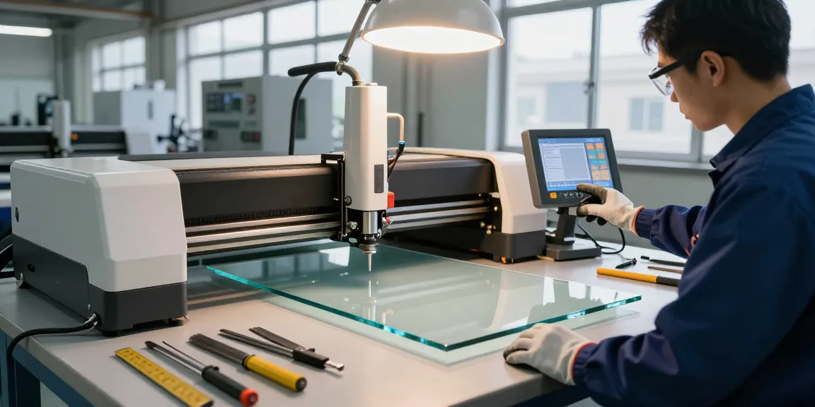 Technician adjusting a glass cutting machine in a modern facility, showcasing precision and safety.