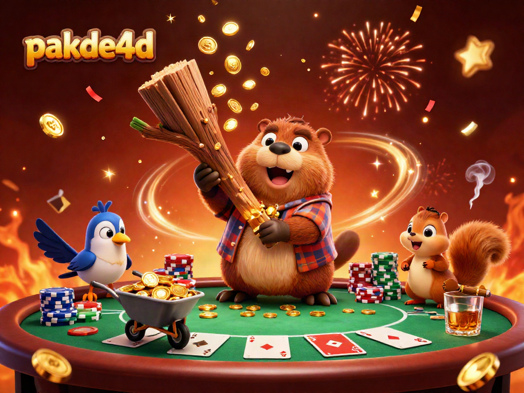 Engage with pakde4d in a vibrant casino scene featuring a beaver, bird, and squirrel collecting gold coins.