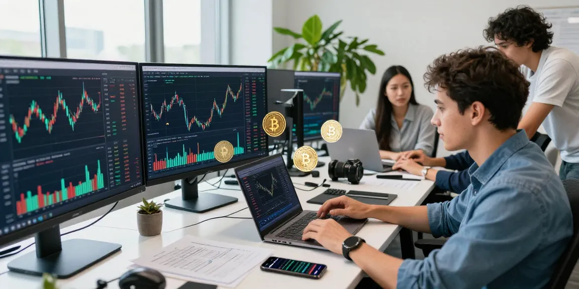 Dynamic cryptocurrency trading analysis at https://crypto-reviews.ru/okx-v-kazahstane/ with professionals collaborating around market data displays.