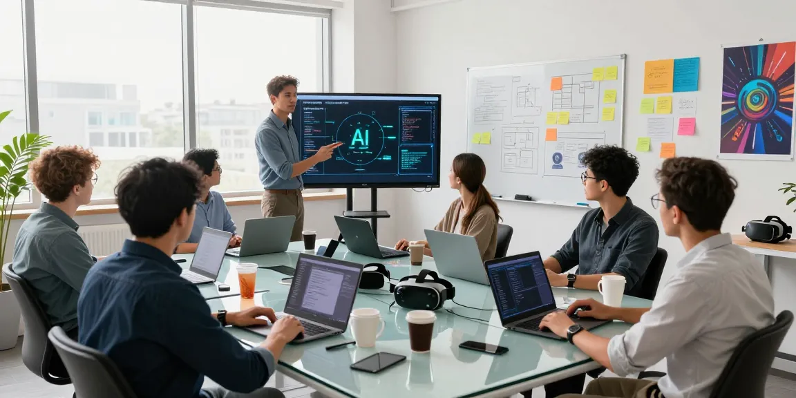 AI Detection collaborative workspace with diverse developers brainstorming AI algorithms in a modern studio.