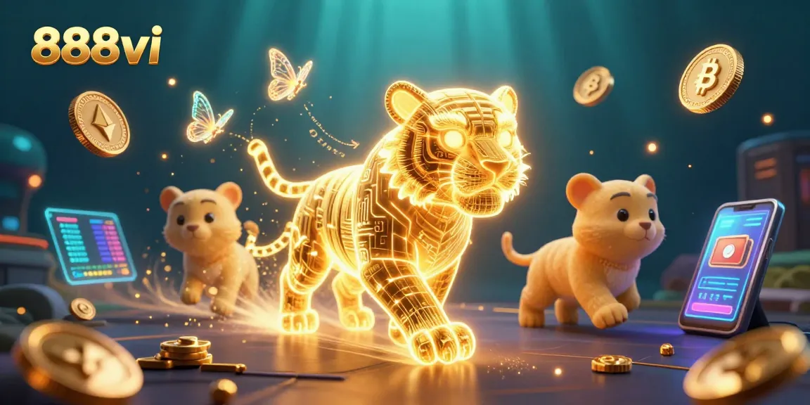 Experience the excitement of 888vi with a dynamic 3D casino scene featuring neon elements and crypto displays.