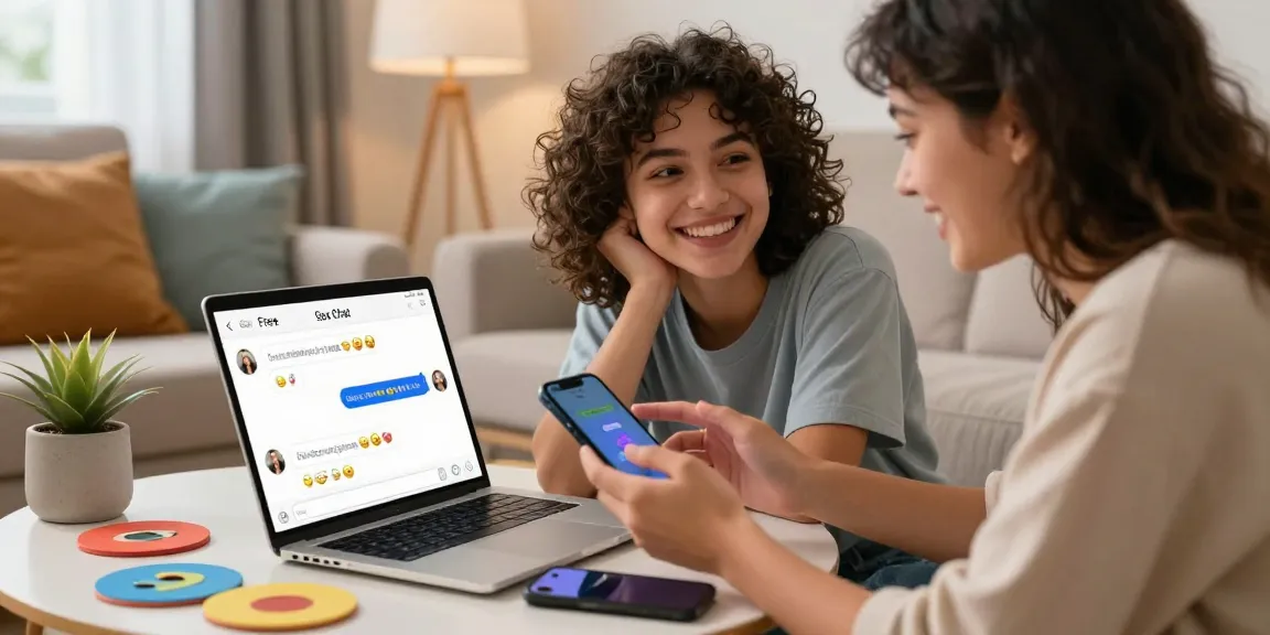 Engaging couple enjoying a free AI sex chat, smiling in a cozy, modern setting with a laptop and colorful decor.